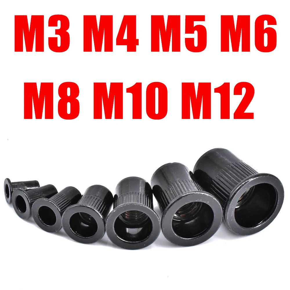 Rivets and Fasteners M3 M4 M5 M6 M8 M10 M12 Flat Rivet Nut Black Carbon Steel Flat Head Threaded Rivet Insert Nutsert Cap 1pcs-50pcs