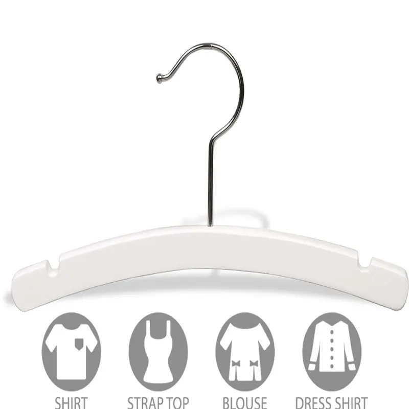 

White Rounded Wooden Kid's Hangers- 12" Wood Top Hangers with Swivel Hook and Notches, 25ct