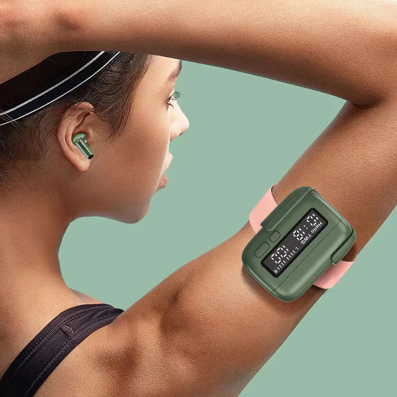 Portable Wireless Bluetooth 5.2  Earphones Unique Retro Personalized Trend Battery and Time Digital Display Noise Cancelling Mic