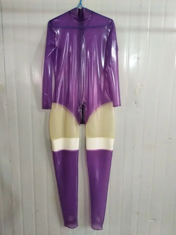 

100% Latex Ru.bber Unisex Purple and White Transparent Catsuit Size XXS-XXL