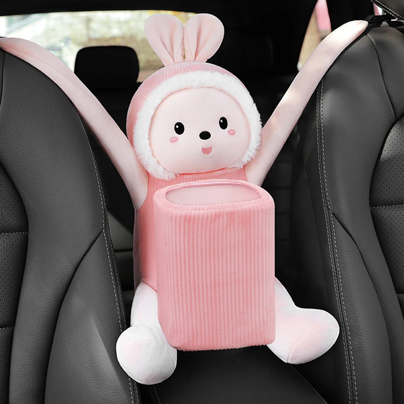 2 in1 Kreative Tissue Halter Armlehne Box Kunststoff Lagerung Müll Kann Cartoon Auto Nette Plüsch Tissue Box Auto Sitz Hängen typ – Detail 4