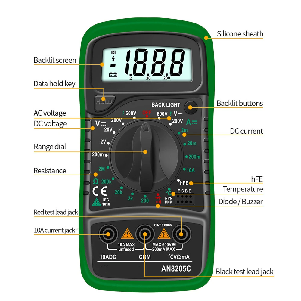 AN8205C Digital Multimeter AC/DC Ammeter Voltage Ohm Tester Thermocouple LCD Backlight Multimeter