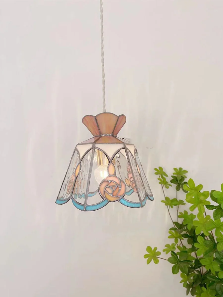 

French Simple Glass Chandelier Hallway Bedside Stained Glass Chandelier Retro American Ins Bar Lamp