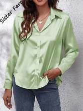 

Sister Fara Elegant Satin Silk Shirt Spring Women's Lapel Long Sleeves Casual Blouses Autumn Ladies Solid Single-breasted Shirts