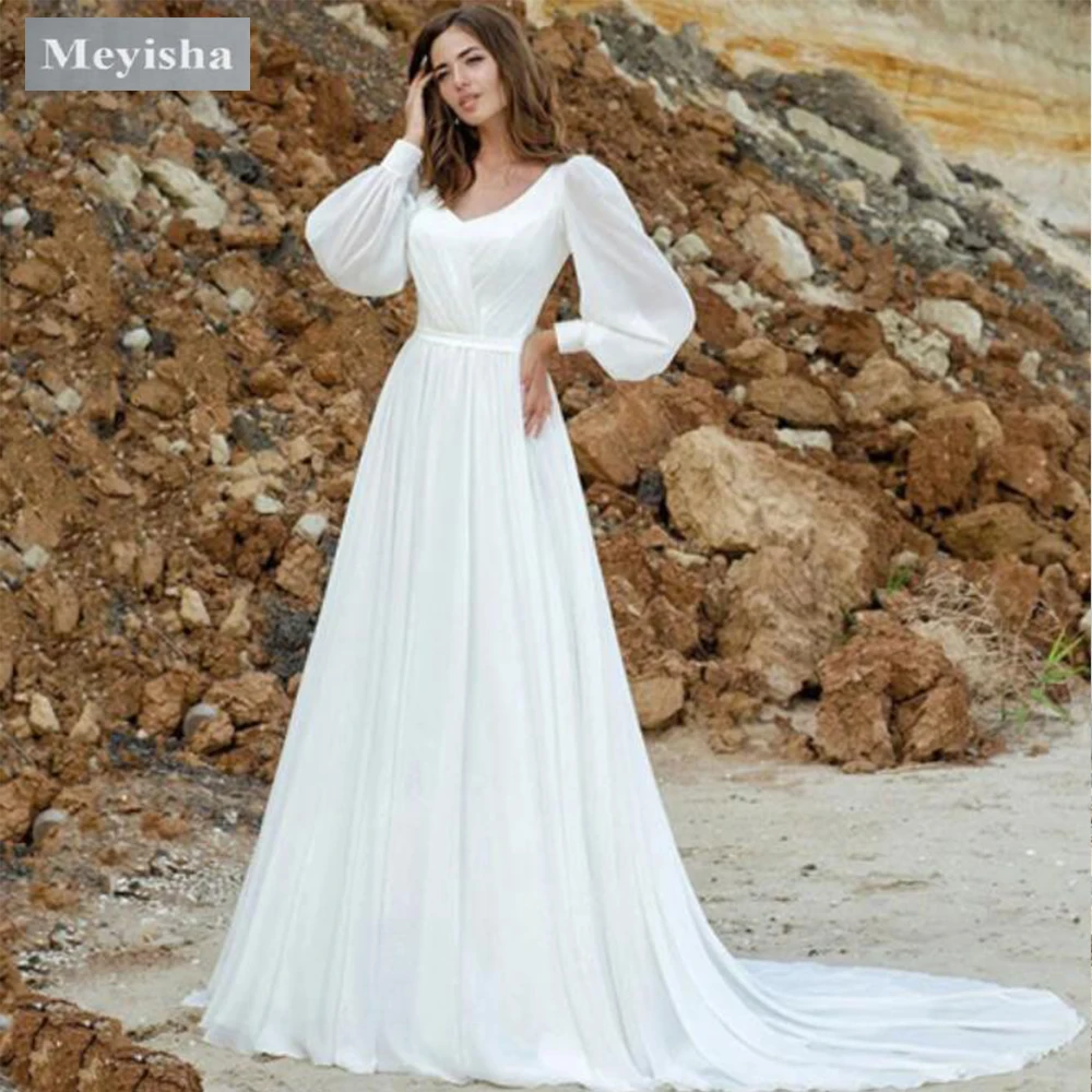 

ZJ6027 Puff Sleeve Wedding Dresses Women Vestido De Novia Long Chiffon Elegant V-Neck A-Line Backless Bridal Gown