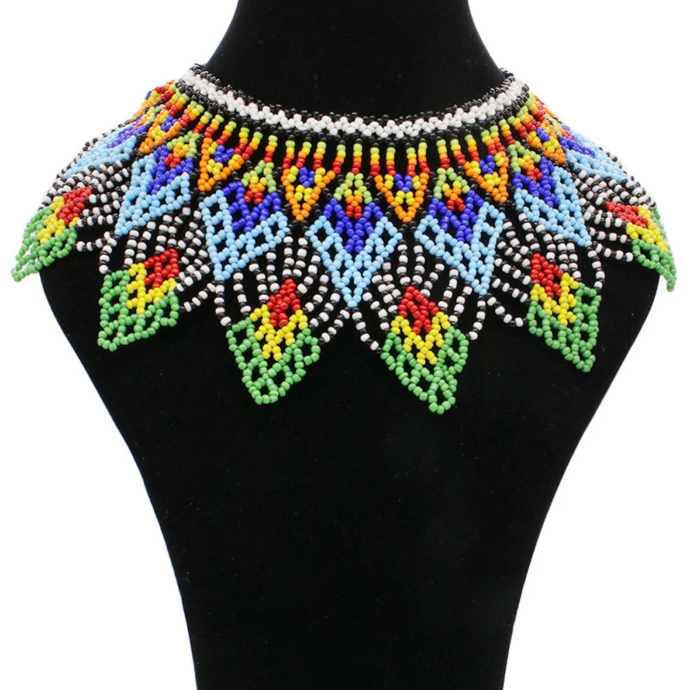 Ethnic Statement Necklace,Haluoo Bohemian Vintage Colorful Rice Beads Necklace Handmade Bib Necklaces Rero Exaggerated Beads Collar Necklace for Women Girls Wedding Jewelry 
