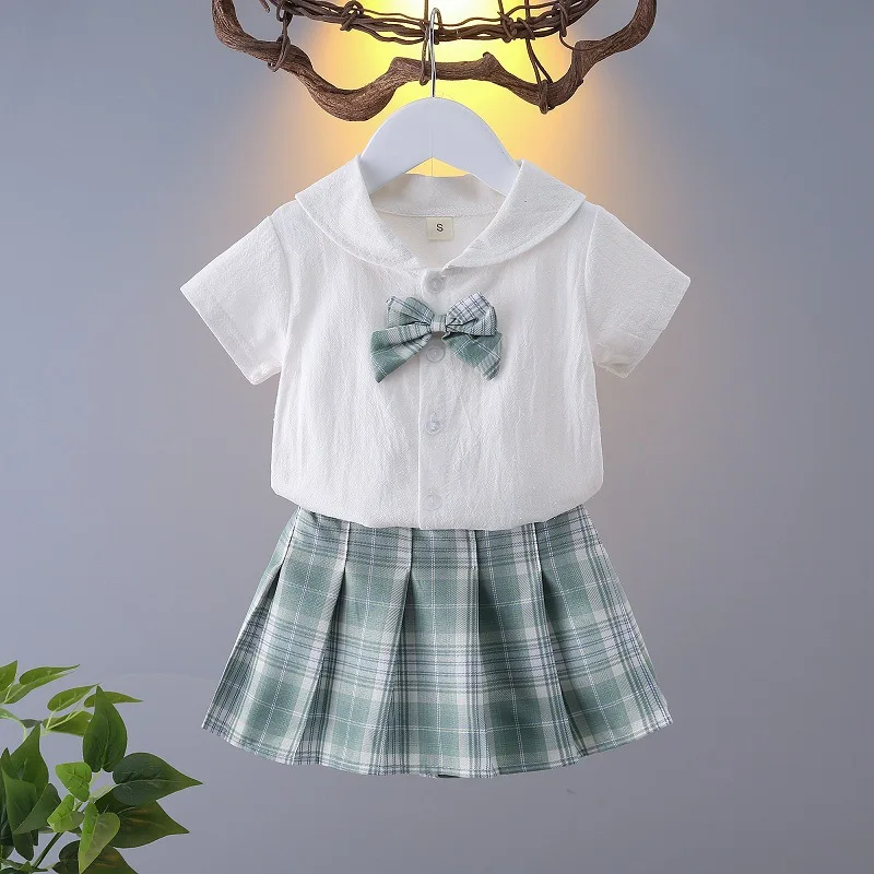 2024 summer new girls sailor short white bowknot T shirt blouse + jk plaid pleated skirt suit teenager children set 4 12 year - Image 5