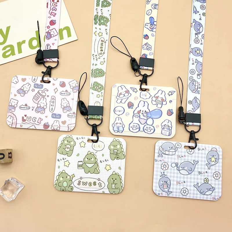Horizontal Cute Cartoon Push Pull Card Covers Bus Card Sleeve Game Cards Case Credit Holder Lanyard Work Permit Holder