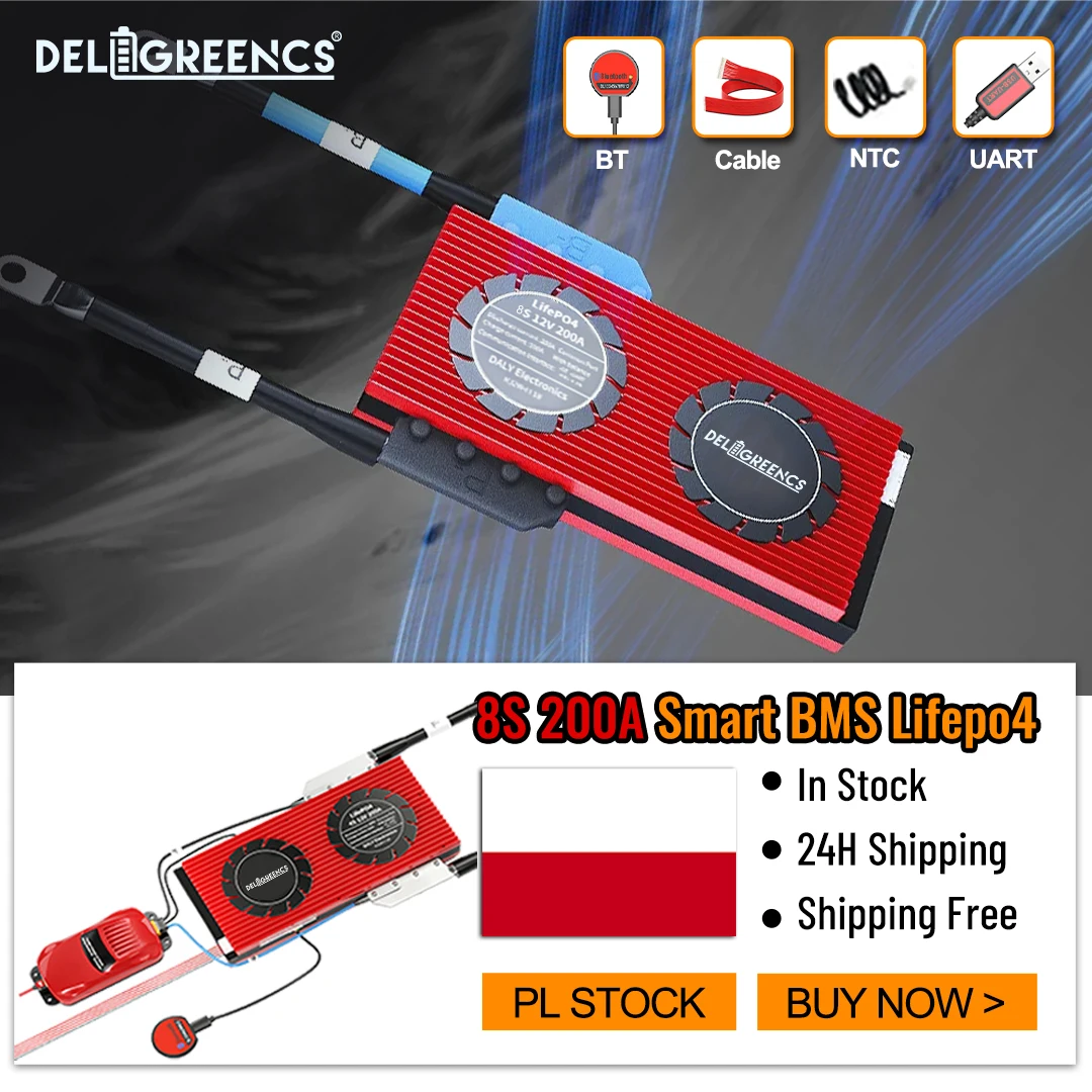

Poland Stock Lifepo4 24V 8S 200A Smart BMS With Bluetooth Uart Balance Cable 24 Hours Free Shipping