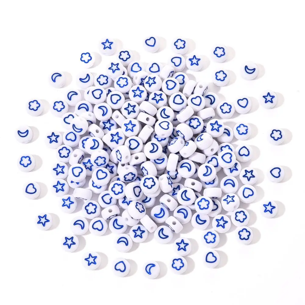 

200 шт., белые Непрозрачные Акриловые Бусины, плоские круглые бусины с сердцем, цветами, Луной и звездами, голубые 7x4 мм, отверстие: 1,6 мм, 200 шт./комплект