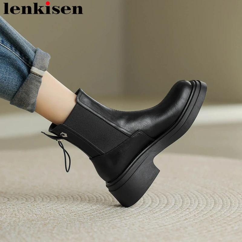 

Lenkisen Fashion Cow Leather Round Toe Slip On Thick Heel Winter Shoes Chelsea Boots Platform Concise Vintage Brand Ankle Boots