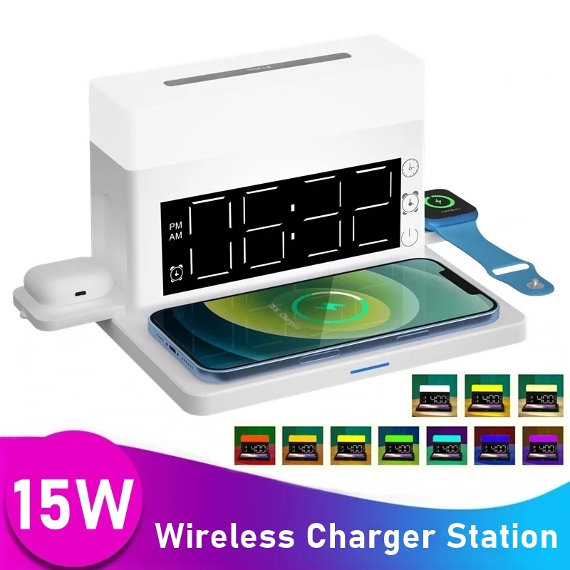 Wireless Charger Alarm Clock Mobile Phone Chargers 6in1 Wireless