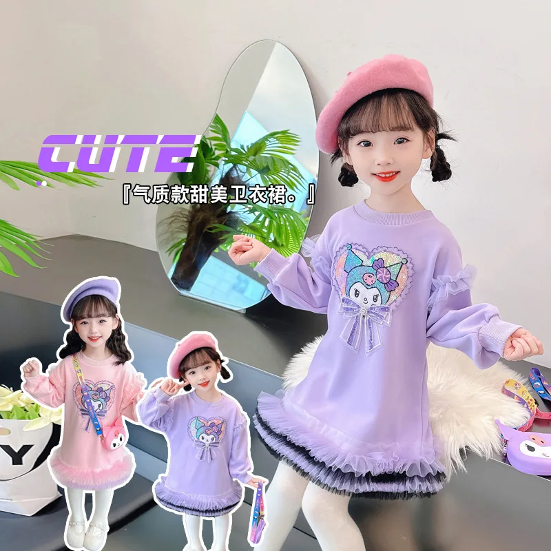

Новинка, детское платье Sanrio, корейское мультяшное милое платье-свитер Kuromi, милое газовое платье принцессы, подарок на день рождения для девочек