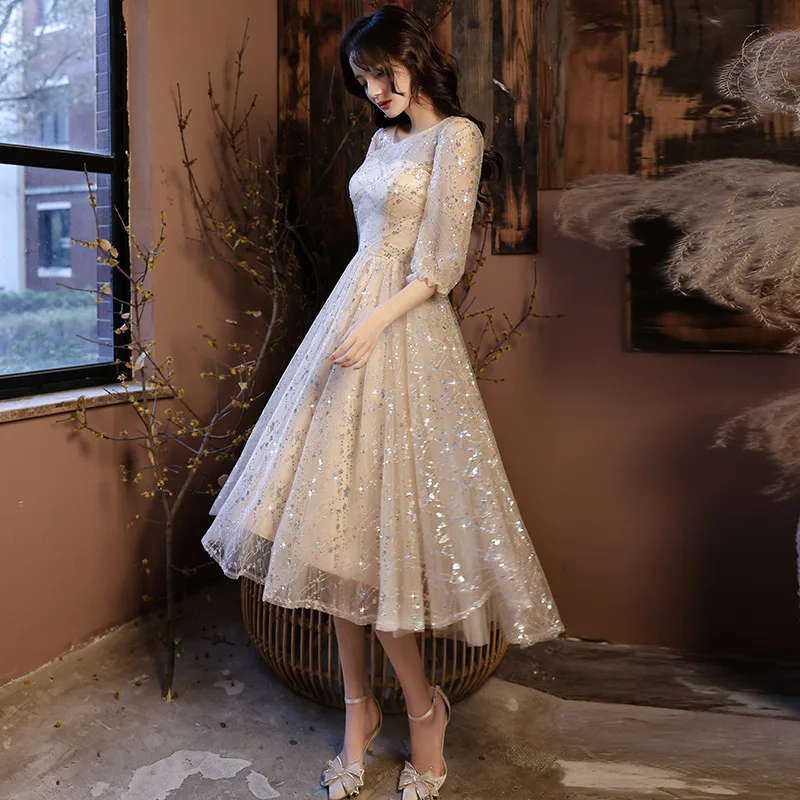 New Short Sequin Tulle Champagne Color Prom Dress DongCMY Plus Size Elegant Robes Soirees A-Line Evening Party For Women