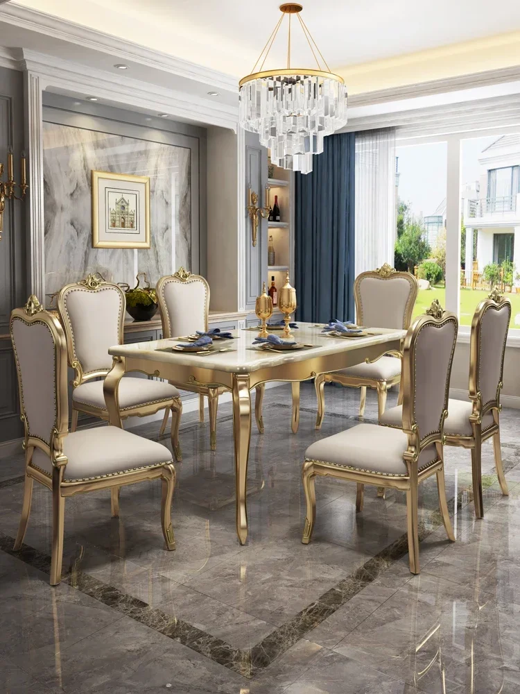 American light luxury solid wood dining table and chair combination living room luxury European marble dining table rectangular