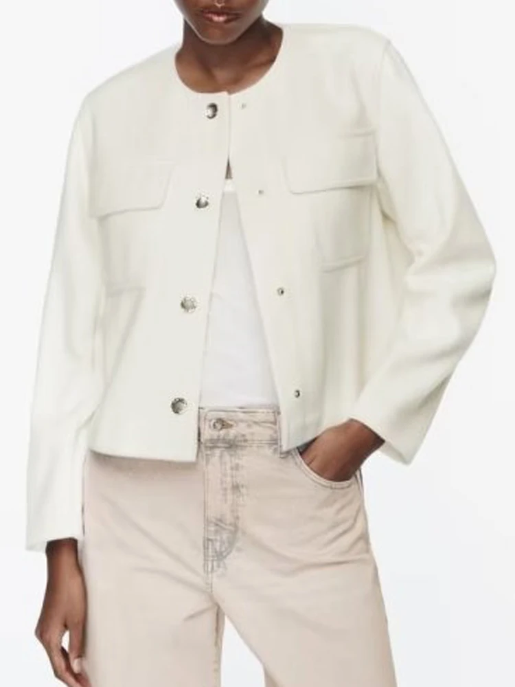 

Женская однобортная куртка с карманами, повседневная Однотонная рубашка с круглым вырезом, элегантная уличная одежда, одежда для улицы, осень 2023