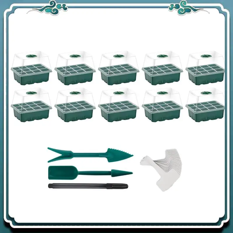 10 Pack Heightened Lids 120 Cells Seed Starter Kit Seedling Starting Trays With Humidity Dome, Green