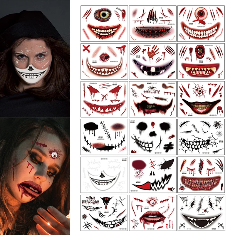 

Halloween Tattoo Face Stickers Decals Bat Scar Body Art Fake Tattoos DIY Makeup Masquerade Decorations For Women Men