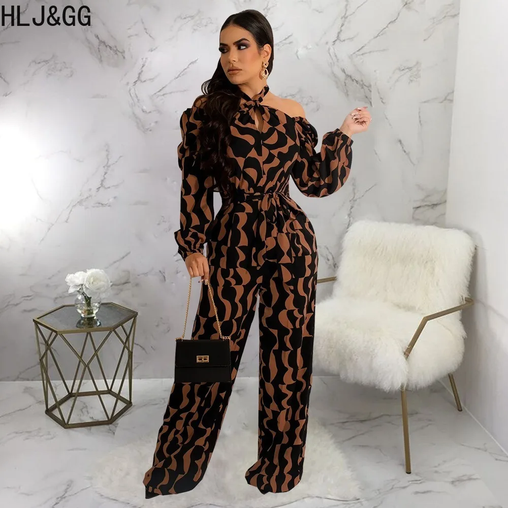 HLJ&GG Spring New Printing Halter Lace Up Off Shoulder Jumpsuits Women Long Sleeveless Backless Straight Playsuit Casual Overall