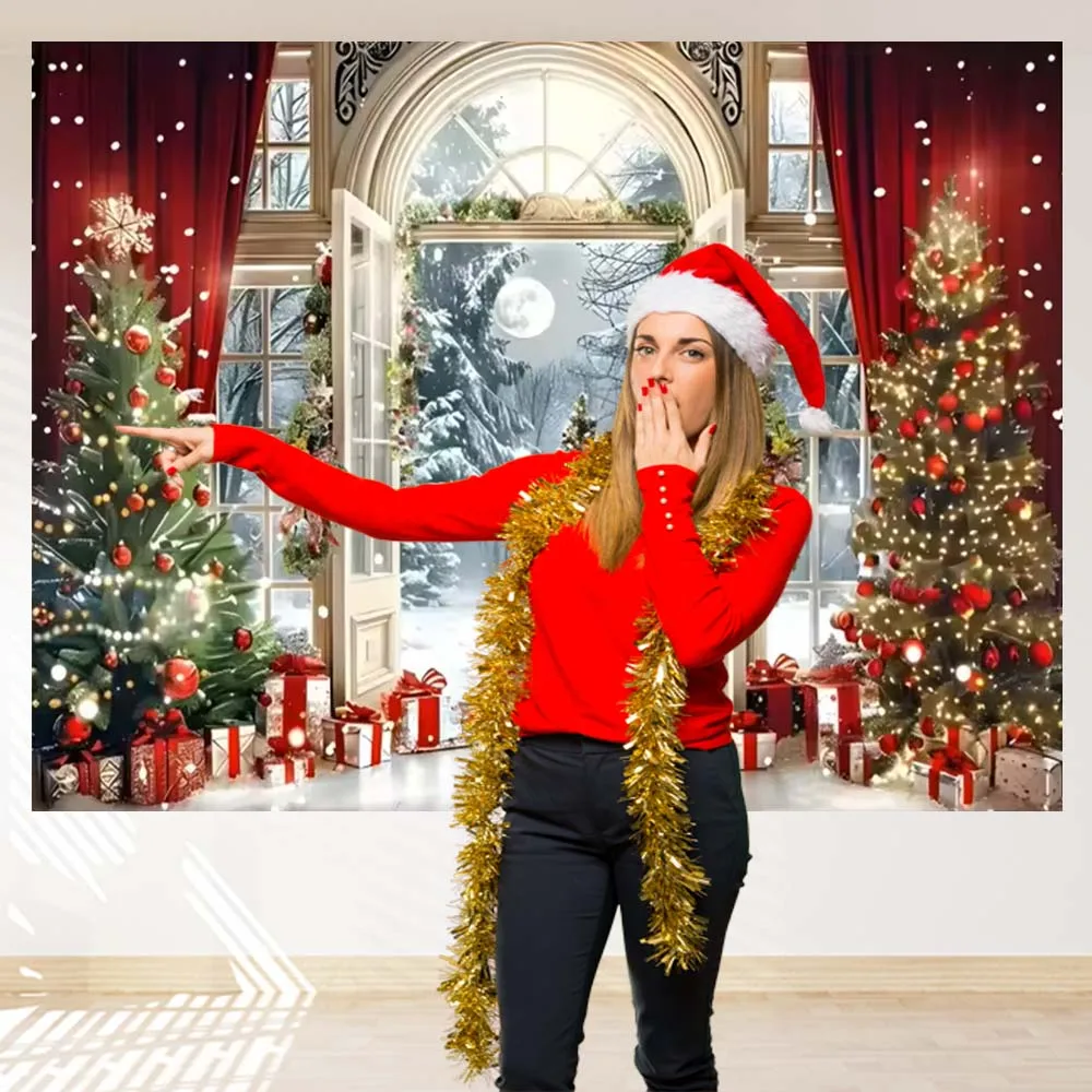 Christmas Window Backdrop 10x12ft - Snowy Winter Wonderland Photography Background