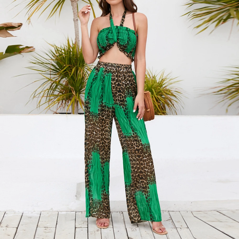 2023 Women's Summer Fashion Leopard Print Strapless Vest with Belt Loose Halter Pants 2Pcs Sets Female Sexy Halter Pant Sets