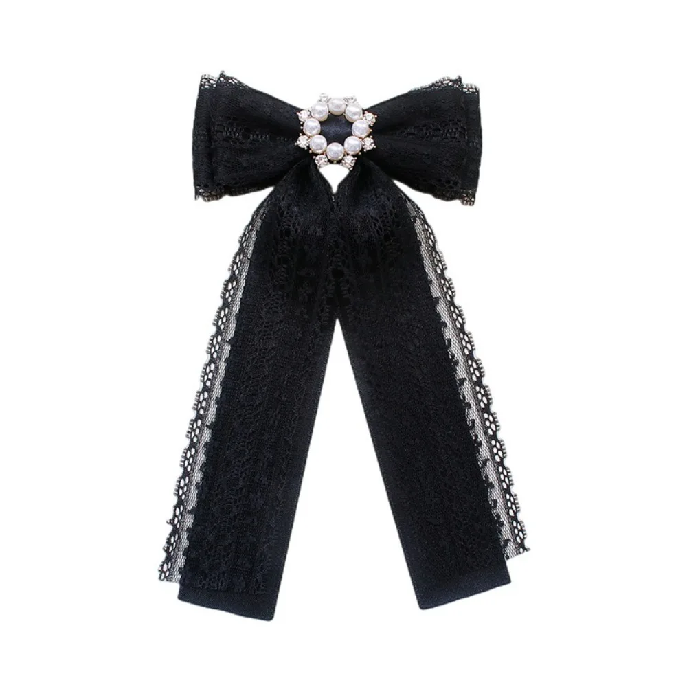Elegant Lace Ribbon Bowtie Black College Style Collar Rhinestones Jewelry Student Shirt Korean Fabric Bow Brooches