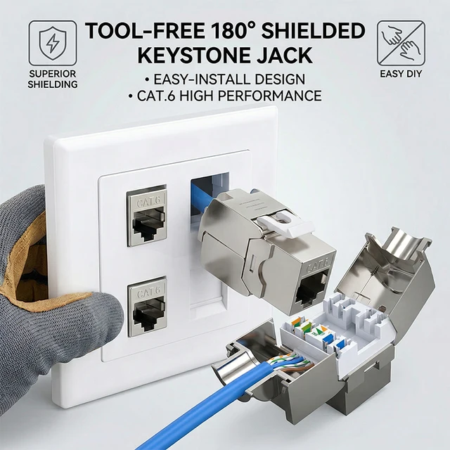10PCS-CAT.6 Shielded Tool-less RJ45 Keystone Jack, No Punch Down Up-Down Crimp, 10Gbps Network Data Connector for Cat.6 Shielded 1