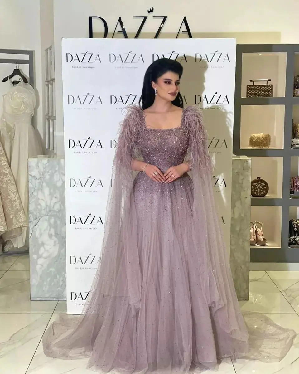 

Luxury Pink Sequin Feather Evening Party Dress Square Neck A-line Prom Gown Special Occasion Robe for Dubai Arab فساتين الحفلات