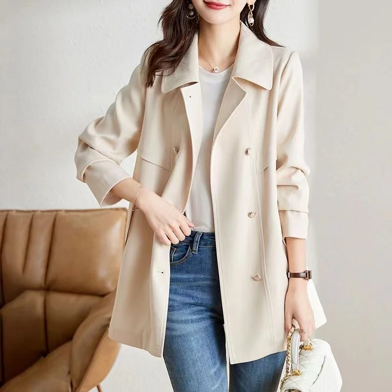 

2024 New Trench Coat Spring Autumn Women Slim Long-Sleeved Windbreaker With Belt Casual Beige Outwear Female Tops Lining Clothes