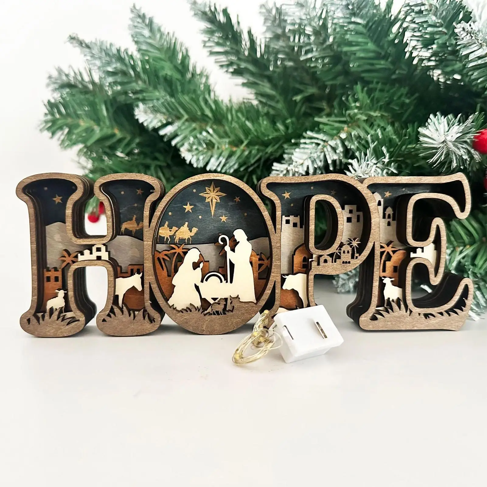 Jesus Nativity Light 3D Wooden HOPE Letters Decor Christmas Indoor Nativity Scene For Mantelpieces Church Thanksgiving Holiday