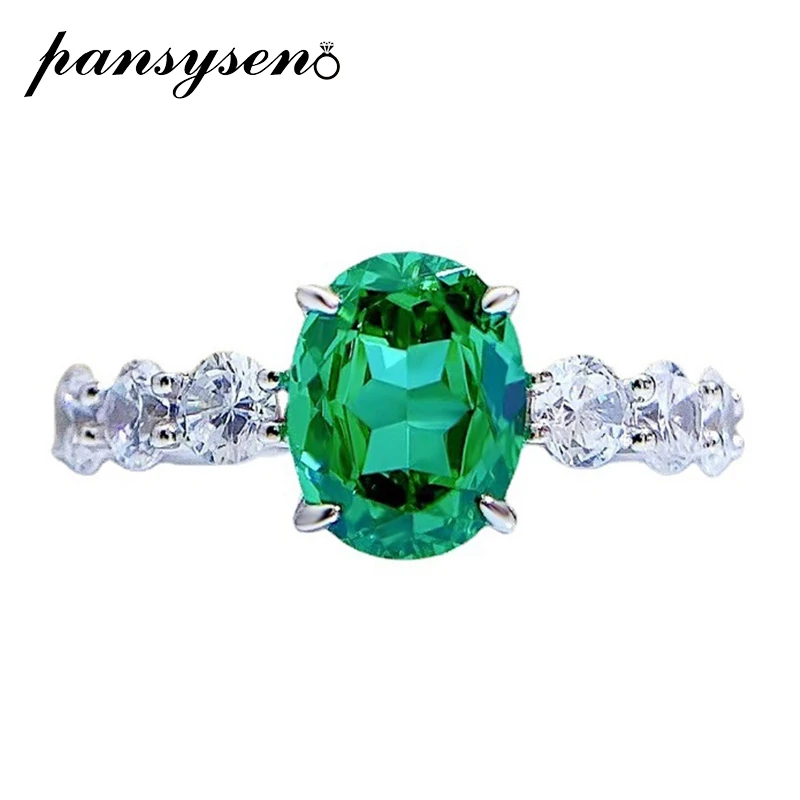 

PANSYSEN Vintage 925 Sterling Silver 2ct Oval Cut Emerald Simulated Moissanite Gemstone Rings for Women Wedding Fine Jewelry