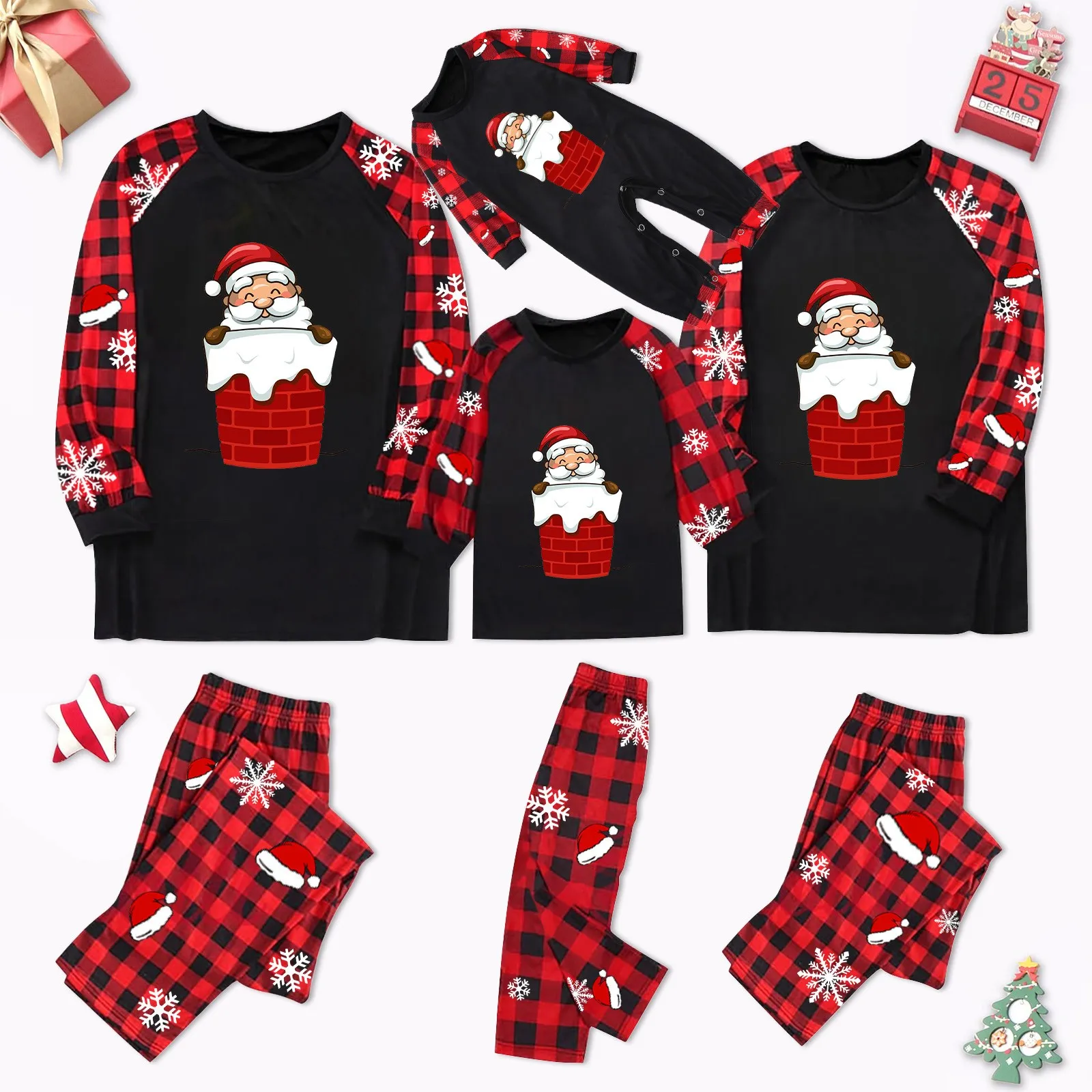 thumbnail image 2 of Conjunto de pijamas a juego para toda la familia, conjuntos navideños, lindo conjunto de pijamas de Papá Noel, ropa de dormir navideña a cuadros, ropa de casa para adultos y niños, mameluco para bebé, 2 of 5