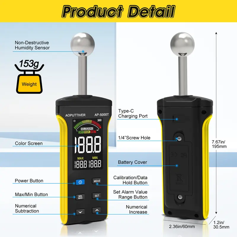 HoldPeak Digital Wood Moisture Meter for Walls Wood Masonry Concrete Color LCD Display Moisture Tester with Alarm Function - Image 4