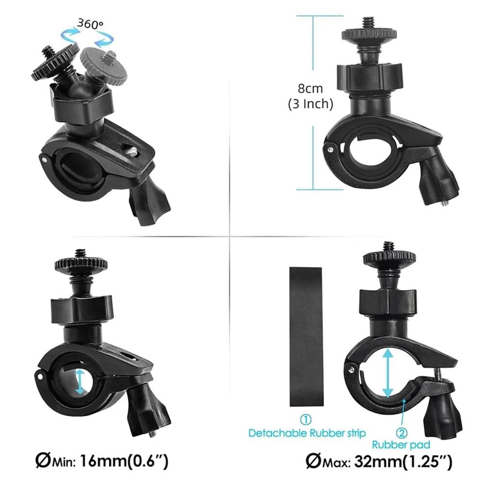 Support vélo pour caméra action GoPro, DJI ou Insta360, montrant le système de serrage sur le guidon.