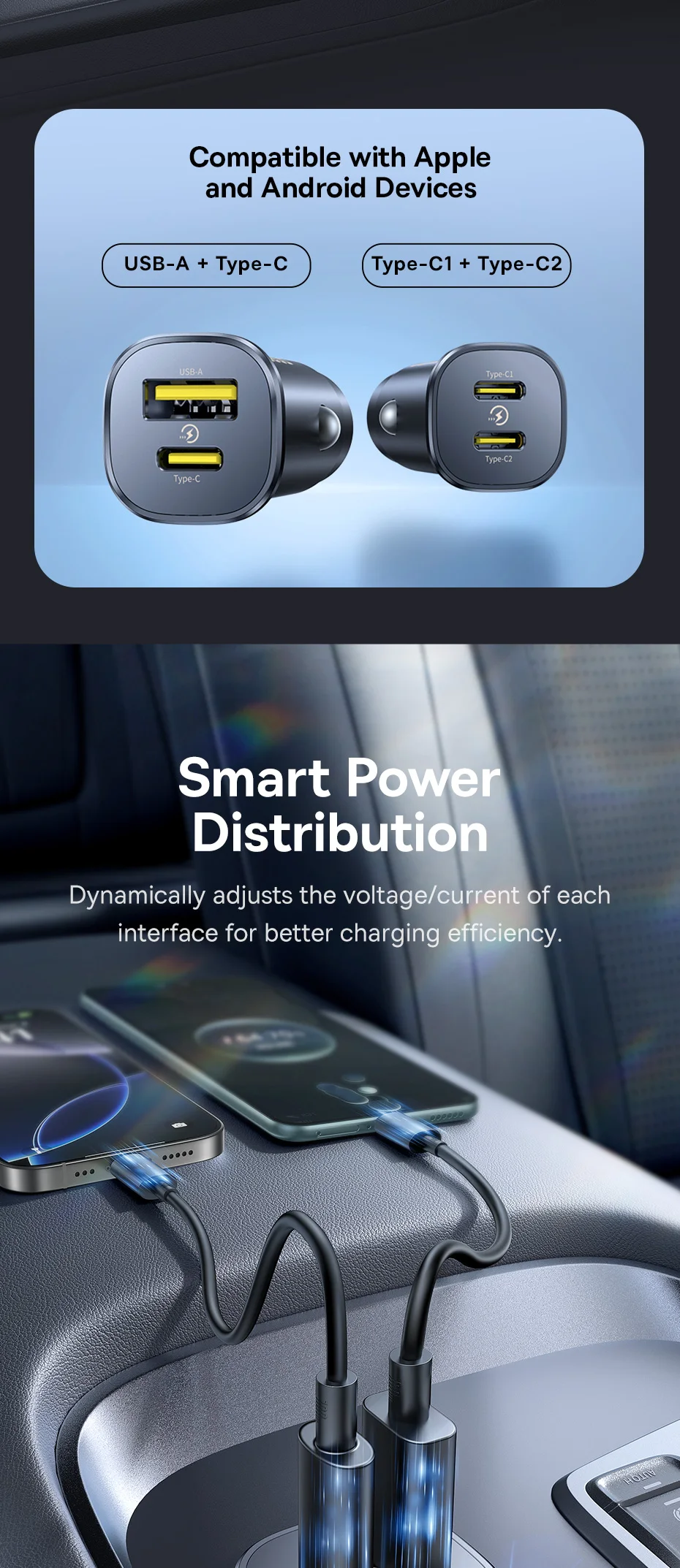 30W USB Car Charger Type C Fast Charging Dual Port Car Phone Charger Adapter Fo