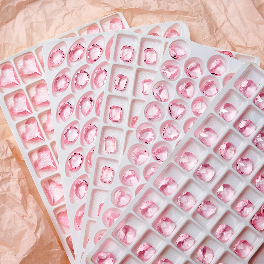 50pcs Pink Heart Nail Art Rhinestone Pointed Bottom Multi Shape Crystal