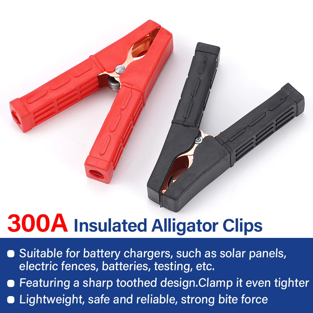 2Pcs 300A Crocodile Alligator Clips Car Battery Charger Terminal Insulated Clip Clamp Test Connector for Jumper Cables Boost
