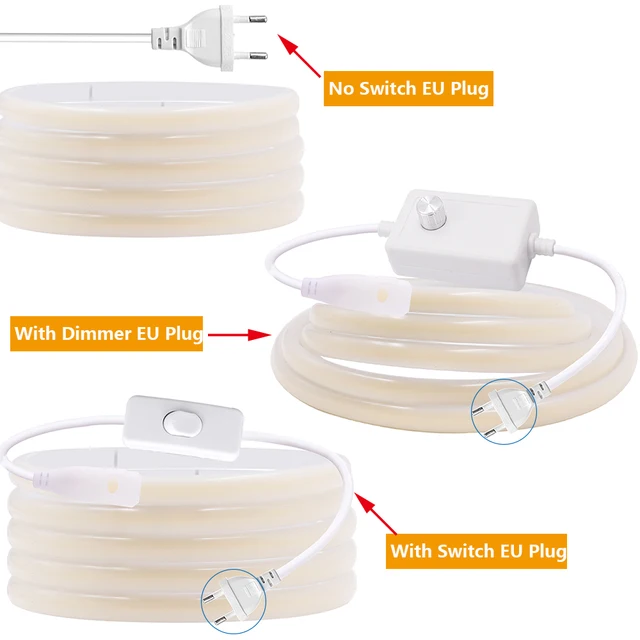 220V หรี่แสงได้ COB LED Neon Strip Light สวิตช์หรี่ไฟชุดปลั๊กกันน้ํา 288 LED Flex Tube โคมไฟสูง Bright WARM/สีขาวธรรมชาติ 3