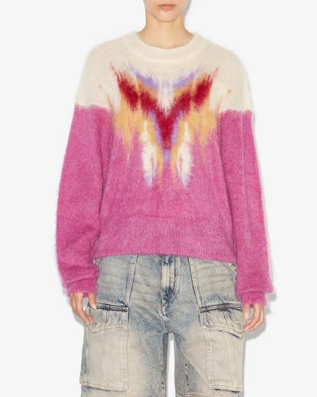 

2024 Early Spring New Purple and White Contrasting Mohair Blended Crew Neck Sweater Women