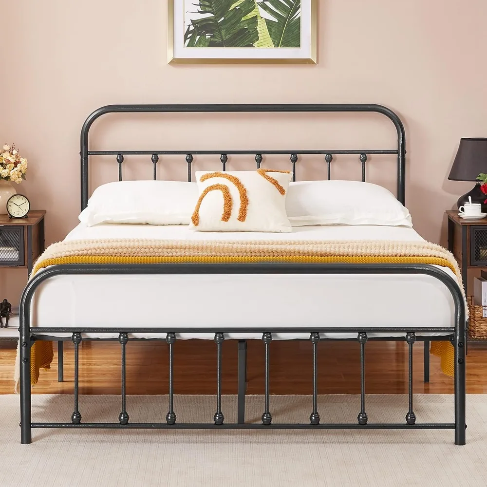 

Black Metal Bed Frame Full Size with Vintage Headboard and Footboard, No Box Spring Needed, Premium Stable Steel Slat Support