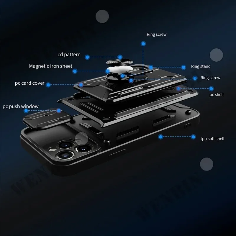 Case For iPhone 15 14 13 Pro Max XR X 8 7 Plus SE 2022 Slide Stand Ring 360 Magnetic Camera Military Grade Card Slot Cover 6 Case For iPhone 15 14 13 Pro Max XR X 8 7 Plus SE 2022 Slide Stand Ring 360 Magnetic Camera Military Grade Card Slot Cover 6