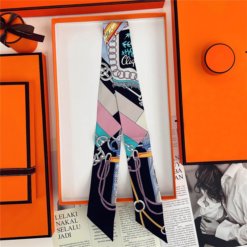 2025, Marke Design Ketten Frauen Maulbeerseide Schal Luxus Schal Mode Haar Stirnband Foulard Dünne Tasche Schals Halstuch – Detail 4