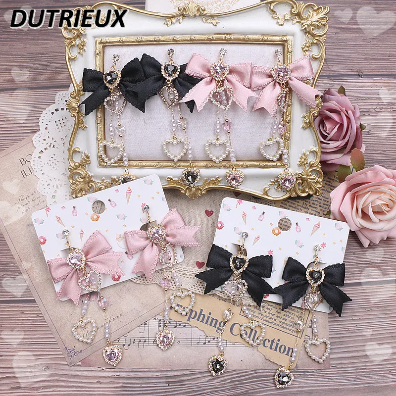

Handmade Japanese Style Accessories Sweet Cute Lady Long Earrings Bow Rhinestone Love Pearl Pendant Fashion Earrings for Women