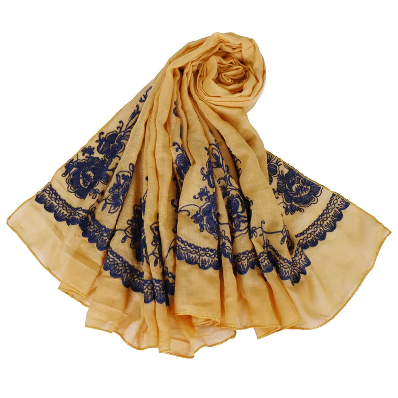 

Plain Cotton Hijabs for Women Embroider Floral Viscose Shawl Scarf for Muslim Woman Scarves Wraps Islam Foulard Femme Hijab Cap
