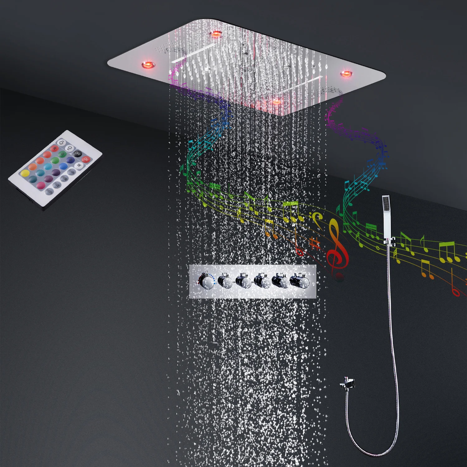 

hm Bluetooth Music Shower Set Bathroom Ceiling Coloful LED Rainfall Showerhead Panel Misty Waterfall Thermostatic Faucet System