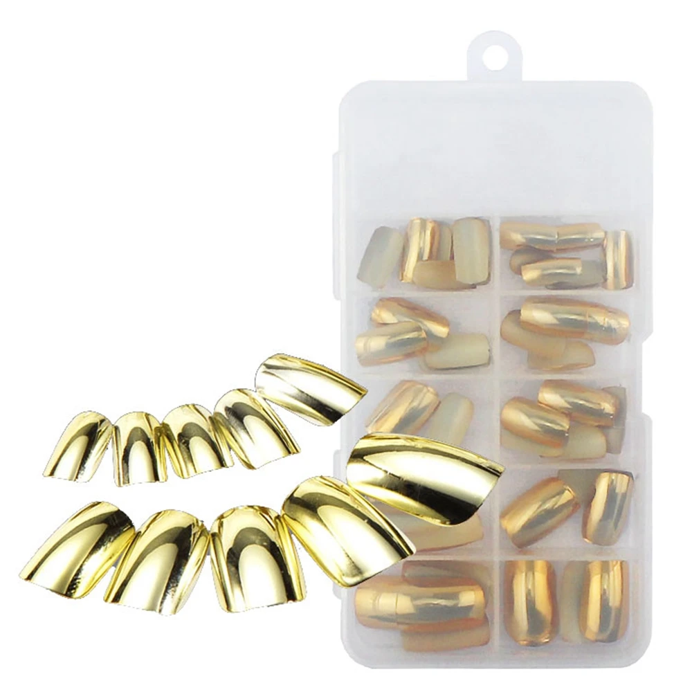 

70Pcs 10 Sizes Acrylic UV Gel False French Nail Fake Nail Art Design Wrap Tips Metallic Shiny Gold Packed Box