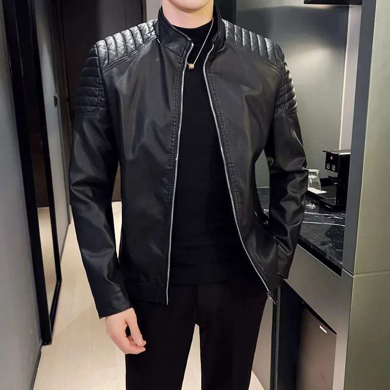 Motorcycle Leather Jacket Men Autumn and Winter Version Trendy Slim Fit Ruffian and Handsome Standing Collar Leather Jacket