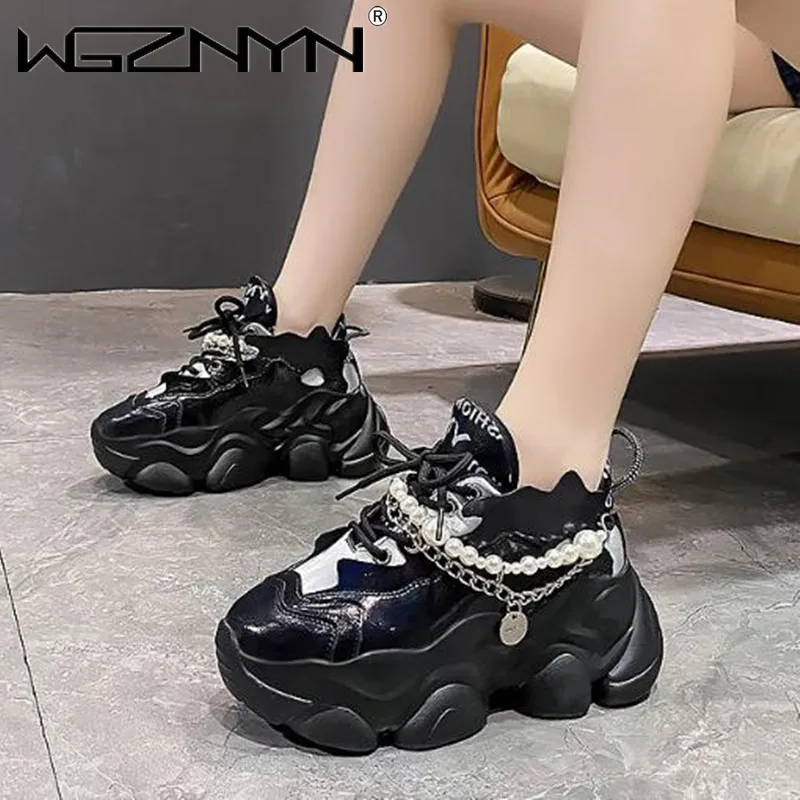 

Patent Leather Ladies Casual Shoes Fashion String Bead Chain Girls Chunky Sneakers 7cm Heel Thick Sole Women's Platform Shoes