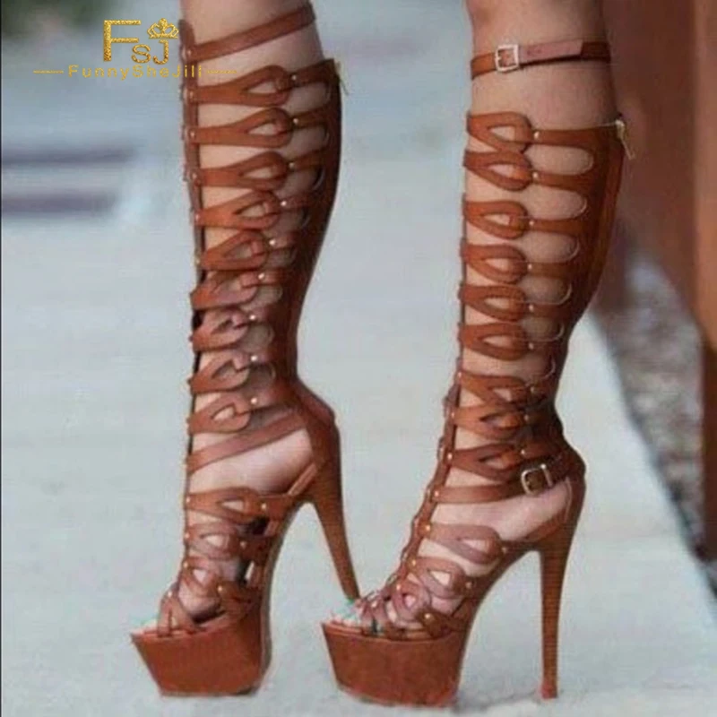 

Sepia Gladiator High-Heeled Sandals And Knee-High Boots, Platform Fishmouth Open-Toe Heels, Women'S Large Size 15 16