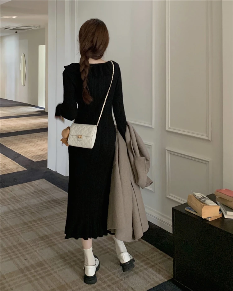 Autumn Knitted Dresses for Women Ruffles V-neck Solid Bodycon Casual Solid Midi Dress Korean Fashion Vestidos Mujer New Knitwear
